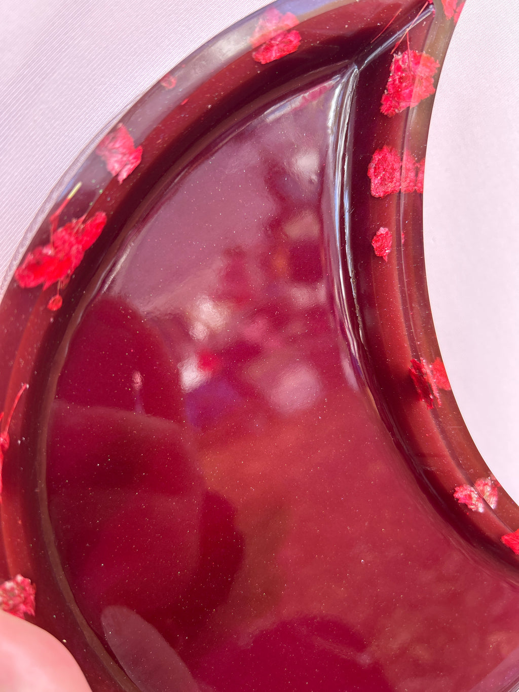 Moon Tray- Deep Red Crescent Moon Resin Tray – Romantic Floral Trinket Dish