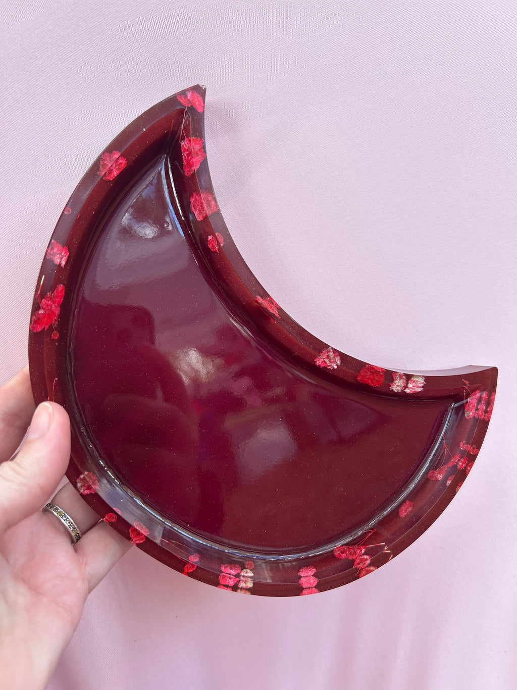 Moon Tray- Deep Red Crescent Moon Resin Tray – Romantic Floral Trinket Dish