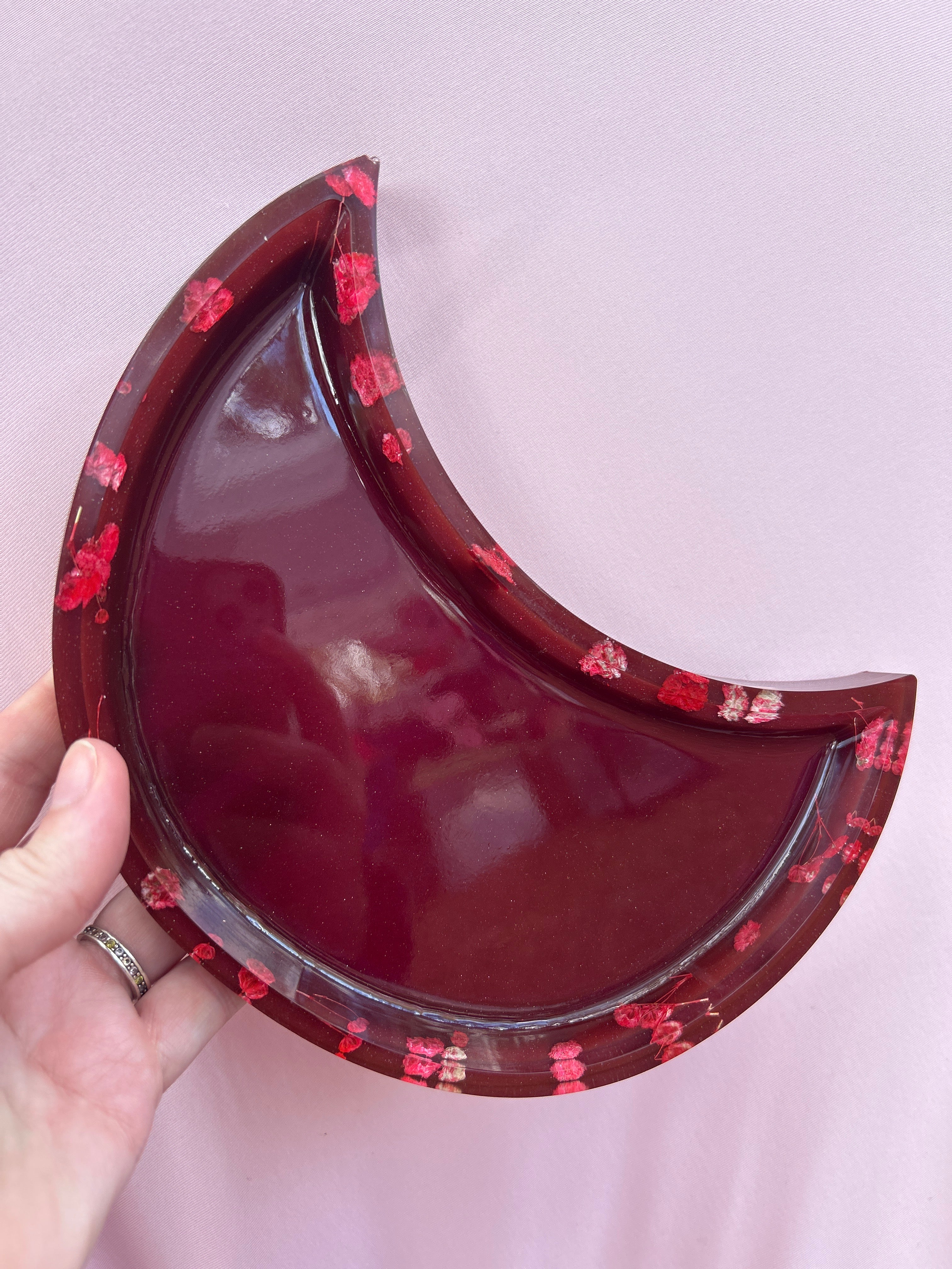 Moon Tray- Deep Red Crescent Moon Resin Tray – Romantic Floral Trinket Dish