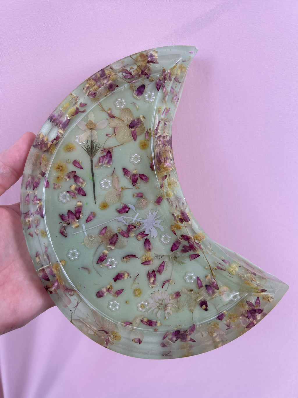 Moon Tray- Romantic Floral Pressed Flower Crescent Moon Resin Tray – Botanical Trinket Dish