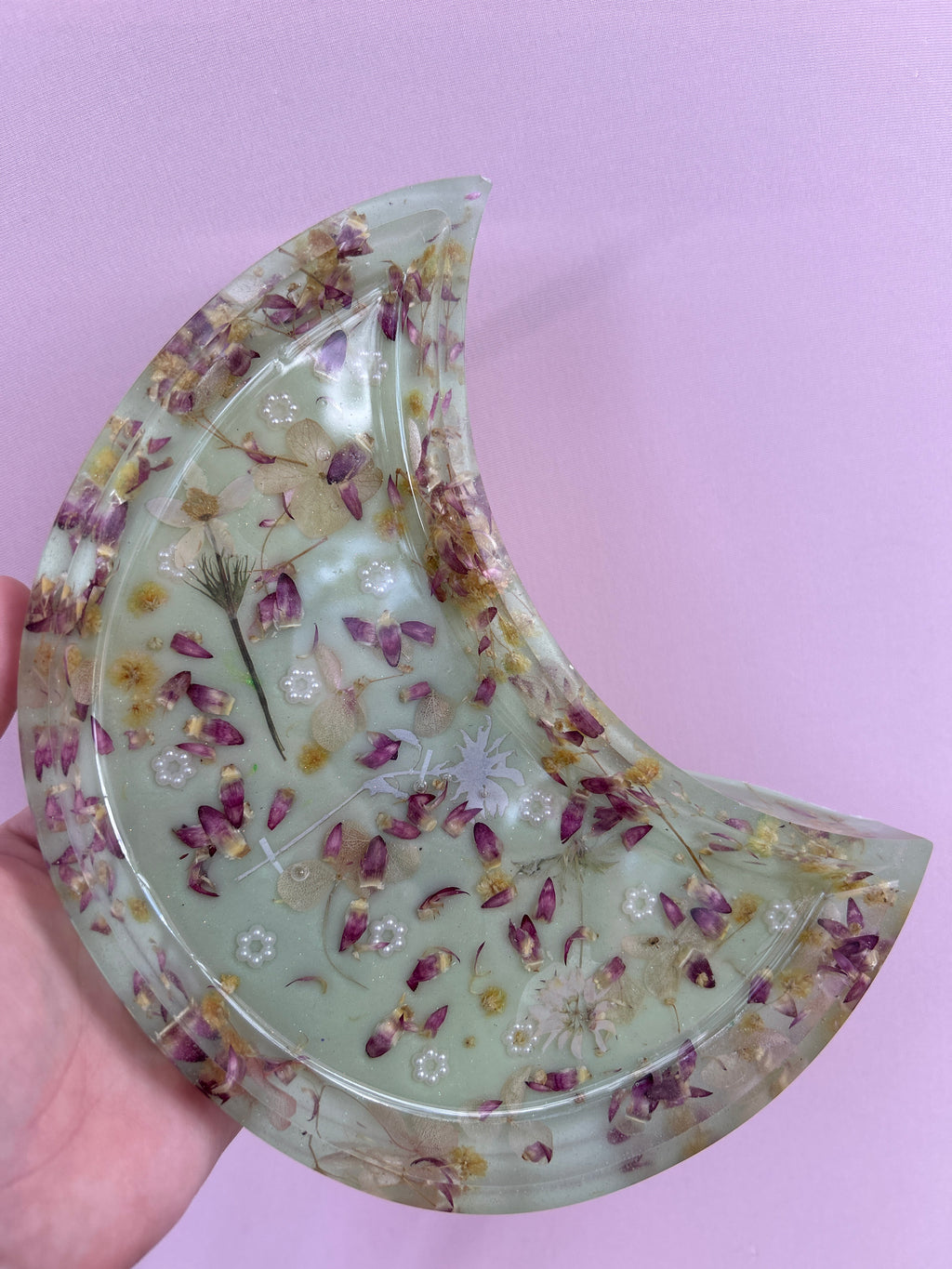 Moon Tray- Romantic Floral Pressed Flower Crescent Moon Resin Tray – Botanical Trinket Dish