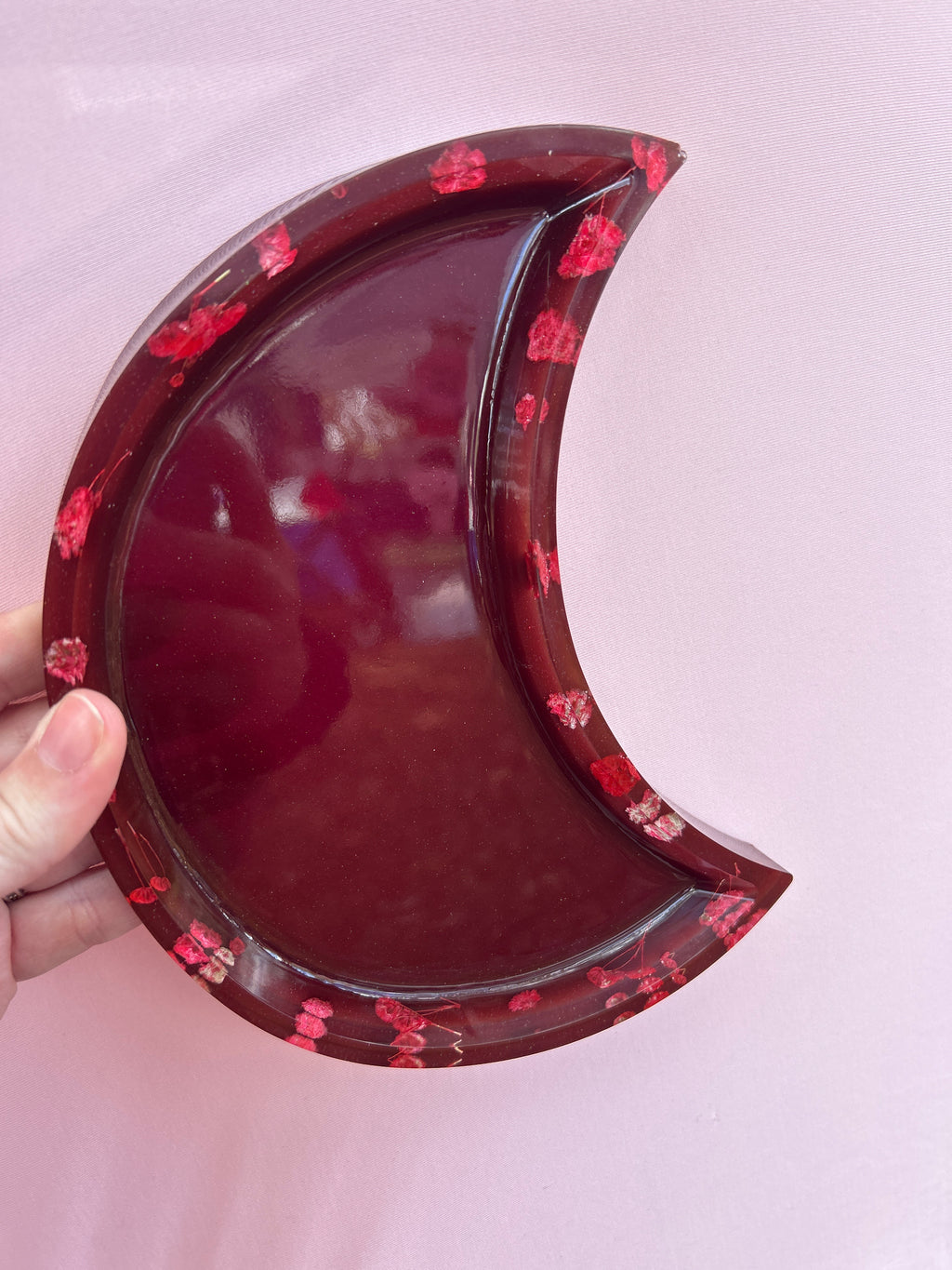 Moon Tray- Deep Red Crescent Moon Resin Tray – Romantic Floral Trinket Dish